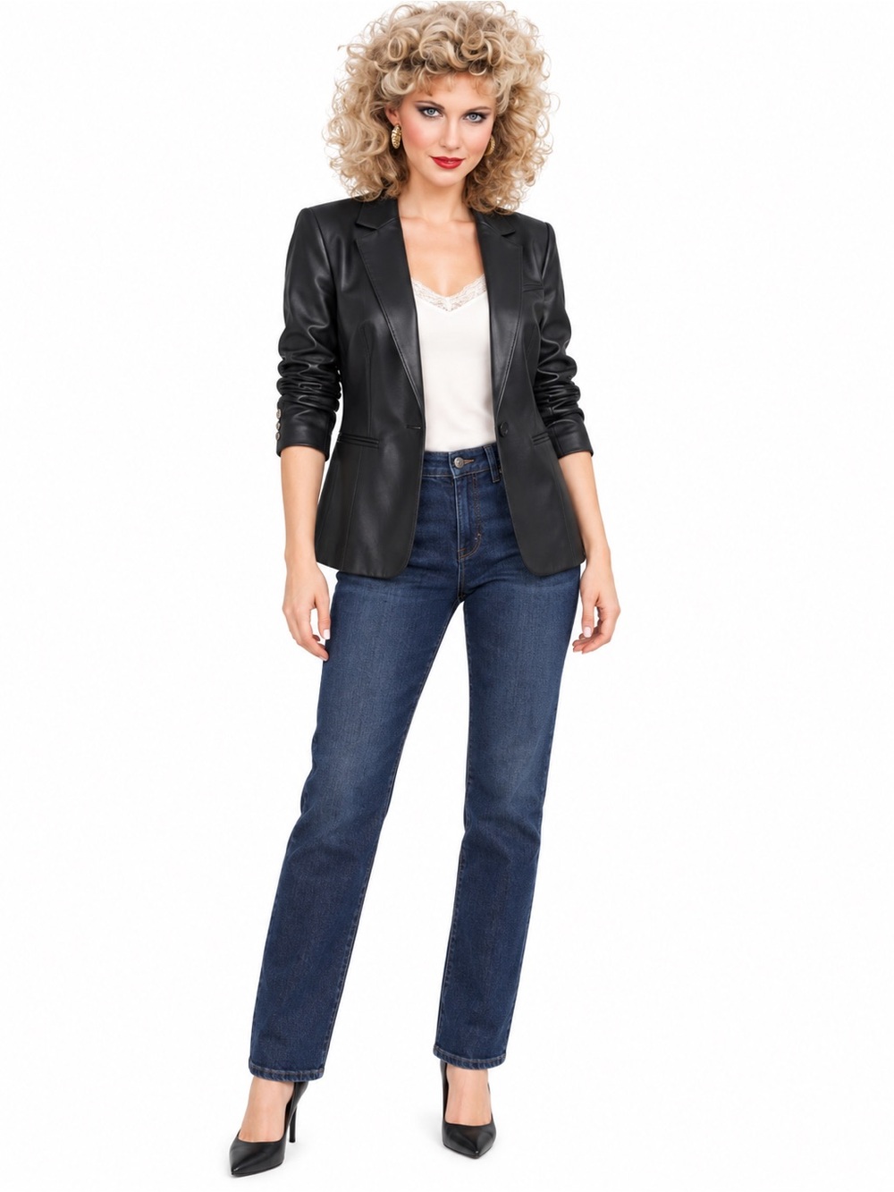 Cinq à Sept Kylie Black Faux Leather Ruched Sleeve Jacket | Size 6